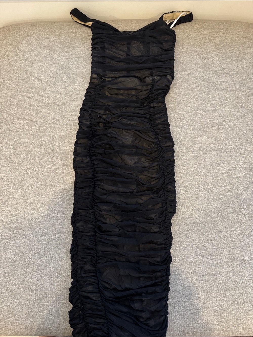 Lulu's Black & Taupe Ruched Sheer Maxi Dress
